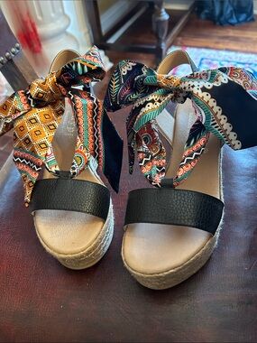 Patterned Scarf Tie Espadrille Wedge Sandals - Black